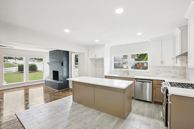 kitchen featuring white cabinets, stainless steel appliances, a kitchen island, and sink