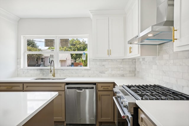 kitchen featuring backsplash, stainless steel appliances, sink, wall chimney range hood, and white cabinetry