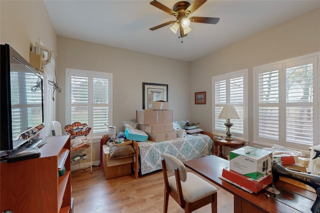 office with ceiling fan and light hardwood / wood-style flooring