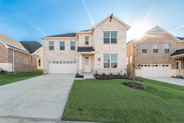 view of front facade featuring a front yard and a garage