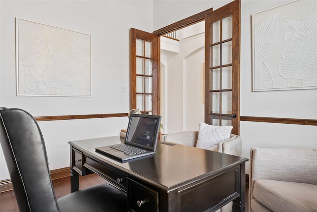 office space with french doors and wood-type flooring