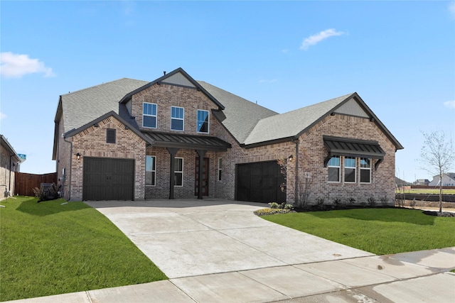 view of front facade featuring a front yard, fence, driveway, roof with shingles, and brick siding