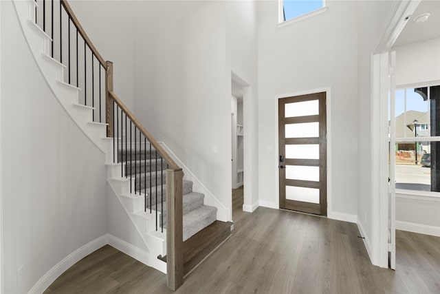 foyer entrance featuring baseboards, plenty of natural light, a high ceiling, and wood finished floors