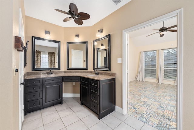 bathroom featuring vanity, tile patterned floors, and ceiling fan