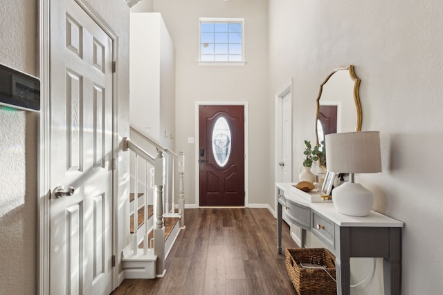 foyer entrance with dark hardwood / wood-style floors and a high ceiling