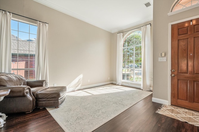 foyer entrance featuring crown molding and dark hardwood / wood-style floors