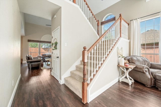 stairs featuring wood-type flooring and a high ceiling