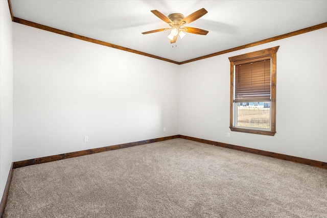 carpeted empty room with ceiling fan and crown molding