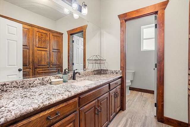 bathroom with wood-type flooring, vanity, and toilet