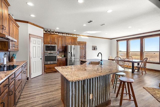 kitchen featuring a kitchen island with sink, sink, ornamental molding, and appliances with stainless steel finishes