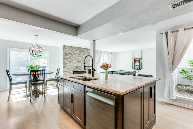 kitchen with dark brown cabinetry, sink, pendant lighting, dishwasher, and an island with sink