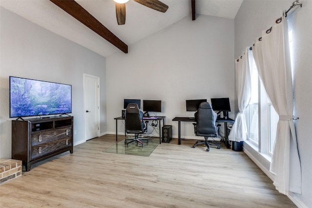 office space featuring ceiling fan, lofted ceiling with beams, and light hardwood / wood-style flooring