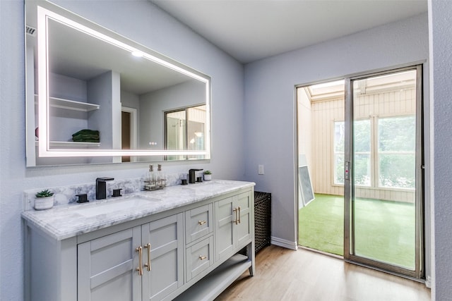 bathroom with vanity and wood-type flooring