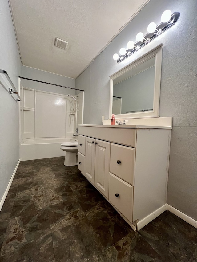 full bathroom with vanity, shower / bathtub combination, toilet, and a textured ceiling