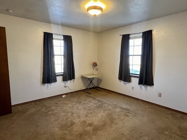 unfurnished room with carpet flooring and a textured ceiling