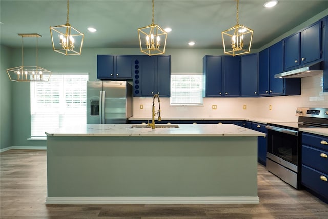 kitchen with a kitchen island with sink, blue cabinets, pendant lighting, and appliances with stainless steel finishes