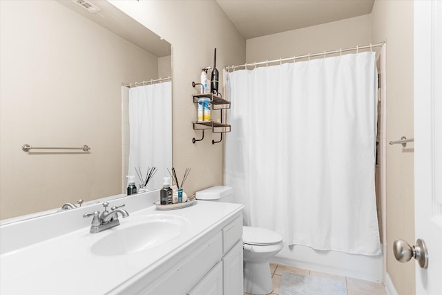 full bathroom with shower / bath combo with shower curtain, tile patterned flooring, vanity, and toilet