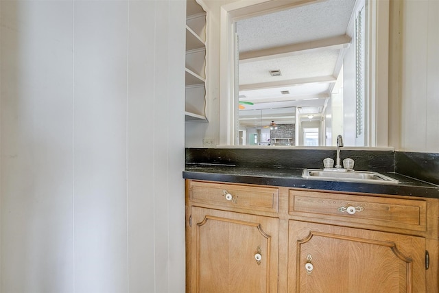 interior space with a textured ceiling and sink