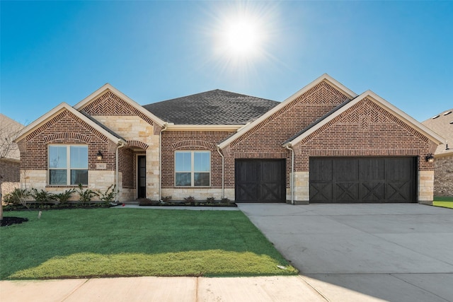 view of front facade with a front yard and a garage