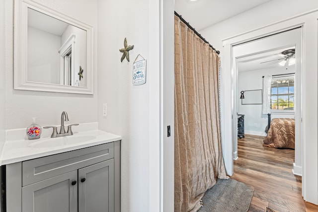 bathroom with wood-type flooring, vanity, and ceiling fan