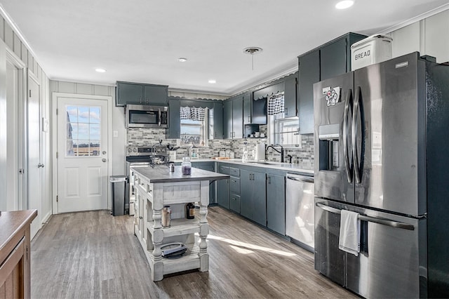 kitchen with stainless steel appliances, light hardwood / wood-style flooring, a healthy amount of sunlight, and sink