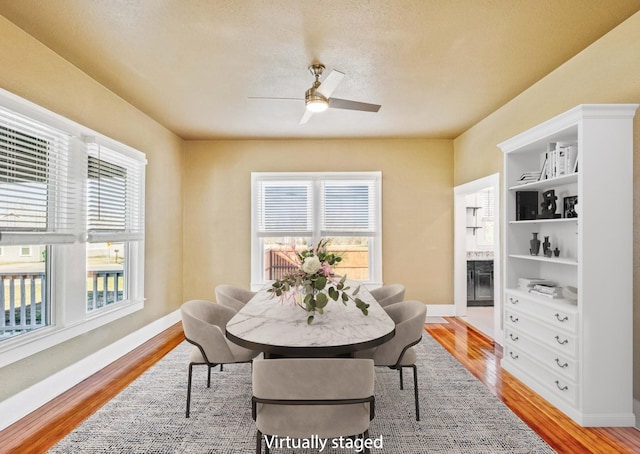 dining room with ceiling fan and light wood-type flooring