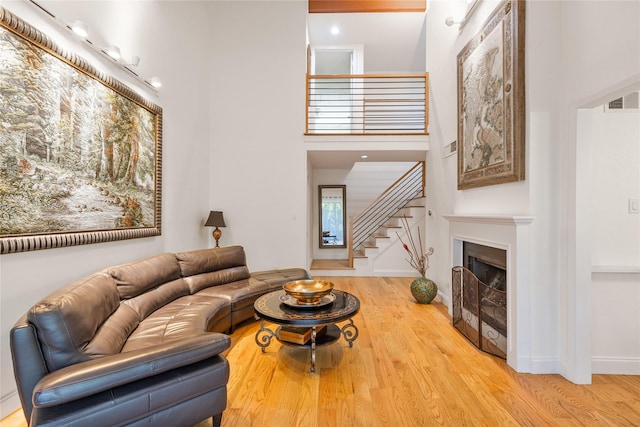 living room featuring a towering ceiling and hardwood / wood-style floors