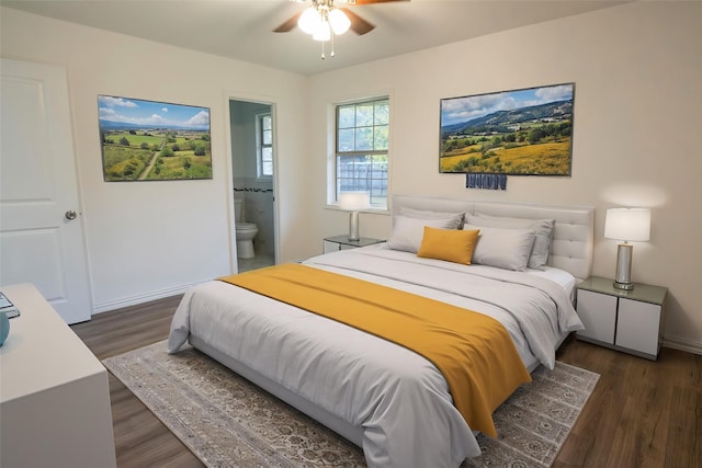 bedroom with ceiling fan, ensuite bathroom, and dark hardwood / wood-style floors