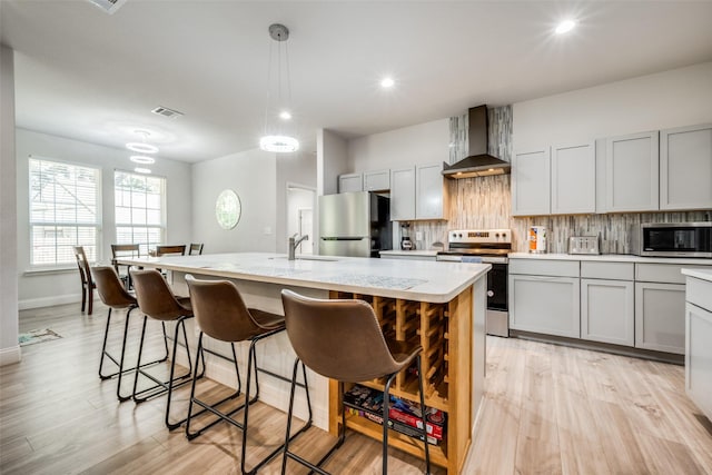 kitchen featuring a kitchen island with sink, sink, wall chimney exhaust hood, decorative backsplash, and appliances with stainless steel finishes