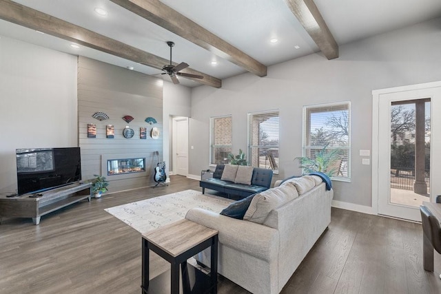 living room with ceiling fan, dark hardwood / wood-style flooring, a fireplace, and beamed ceiling