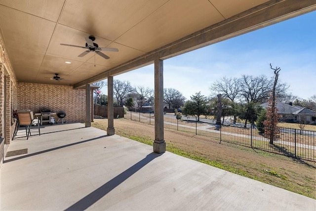 view of patio featuring ceiling fan and area for grilling