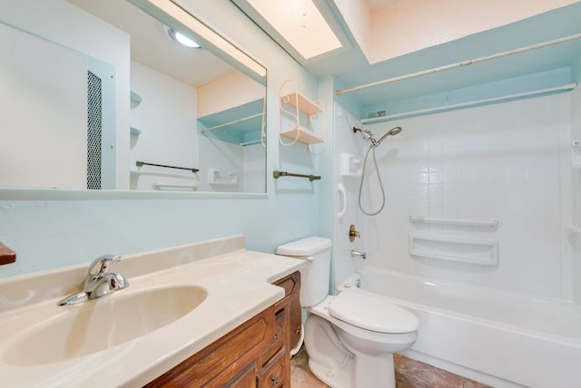 full bathroom featuring bathtub / shower combination, vanity, and toilet