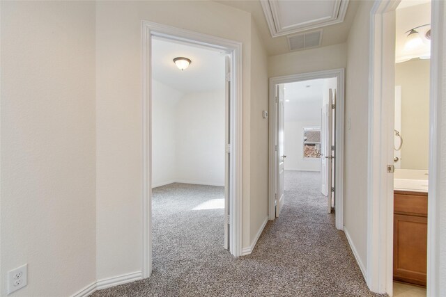 bathroom with plus walk in shower, tile patterned flooring, vanity, and lofted ceiling