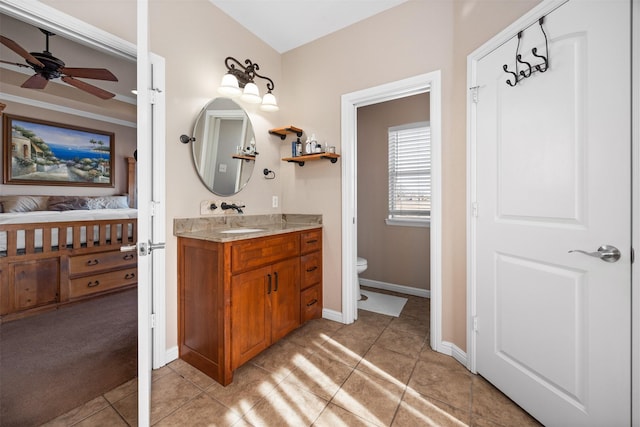 bathroom with tile patterned flooring, vanity, toilet, and ceiling fan