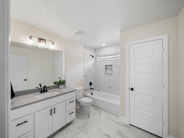 full bath featuring visible vents, toilet, marble finish floor, bathtub / shower combination, and vanity