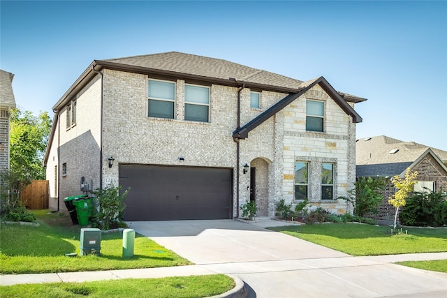 view of front of house with a garage and a front lawn