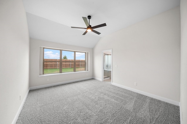 unfurnished room featuring carpet floors, ceiling fan, and lofted ceiling