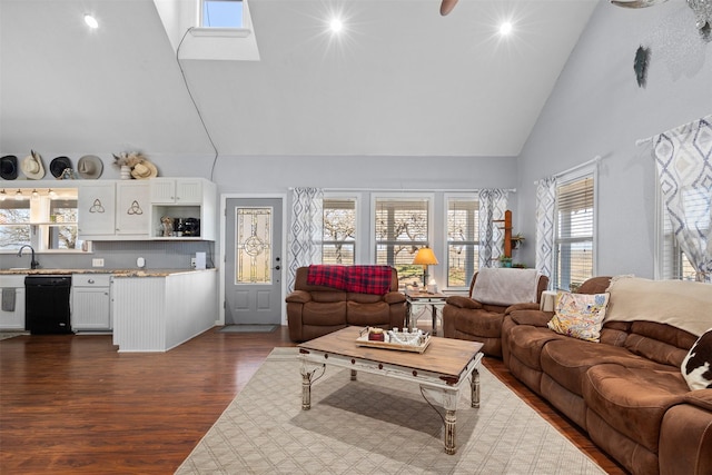 living room featuring sink, high vaulted ceiling, and dark wood-type flooring