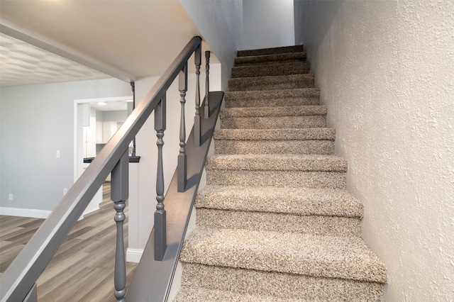 stairway with hardwood / wood-style flooring