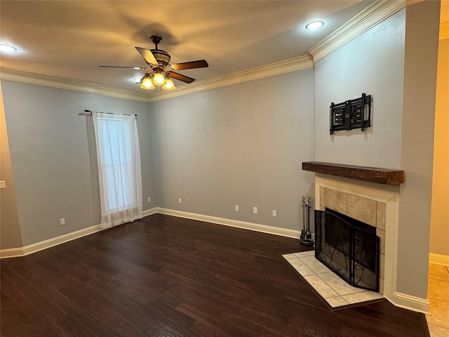 unfurnished living room featuring ceiling fan, light wood-type flooring, crown molding, and a tile fireplace