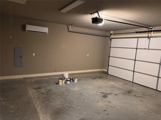 garage featuring a garage door opener, electric panel, and a wall unit AC