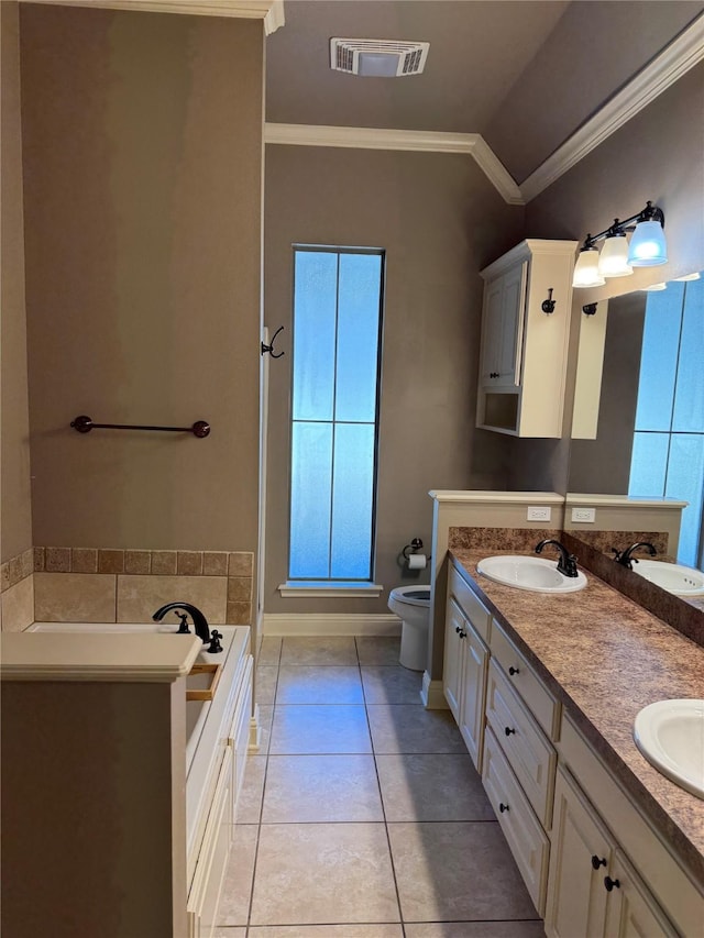 bathroom featuring tile patterned floors, vanity, crown molding, toilet, and lofted ceiling