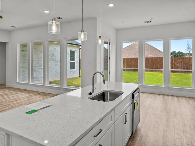 217 Rosemary Dr, Azle, TX 76020 - kitchen with a sink, stainless steel dishwasher, light wood-type flooring, pendant lighting, and light stone countertops