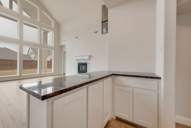 1224 Calebria Way, Fate, TX 75087 - kitchen with high vaulted ceiling, dark stone counters, white cabinets, open floor plan, and light wood-style flooring