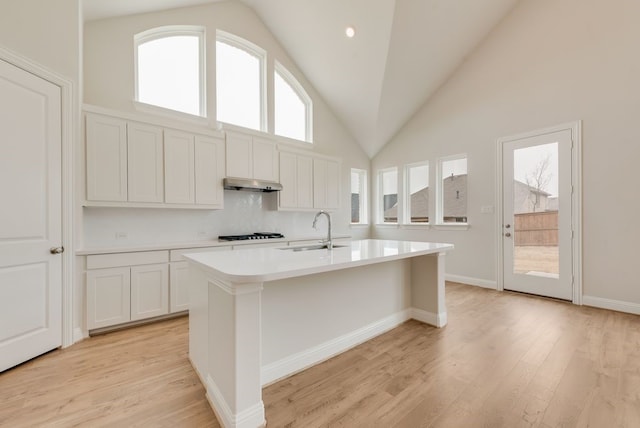 1224 Calebria Way, Fate, TX 75087 - kitchen featuring a sink, under cabinet range hood, a kitchen island with sink, high vaulted ceiling, and light countertops