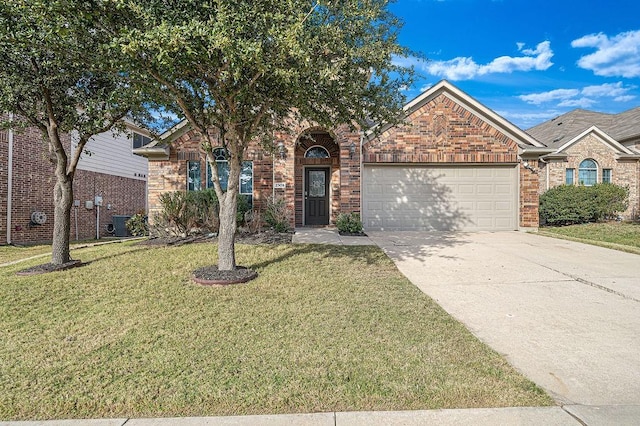 view of front of home featuring concrete driveway, an attached garage, a front lawn, central AC, and brick siding