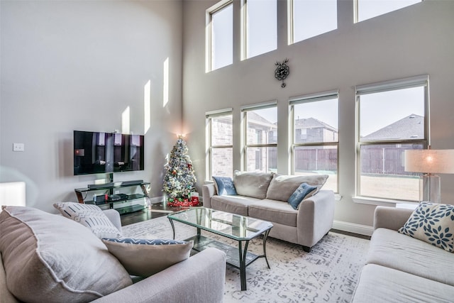 living room with light hardwood / wood-style floors and a towering ceiling