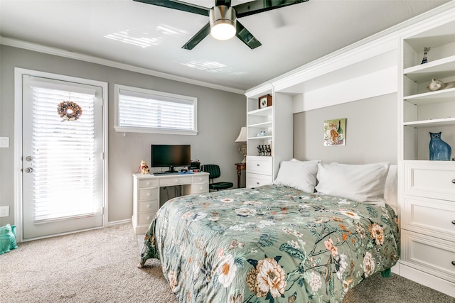 carpeted bedroom with ceiling fan, multiple windows, and crown molding