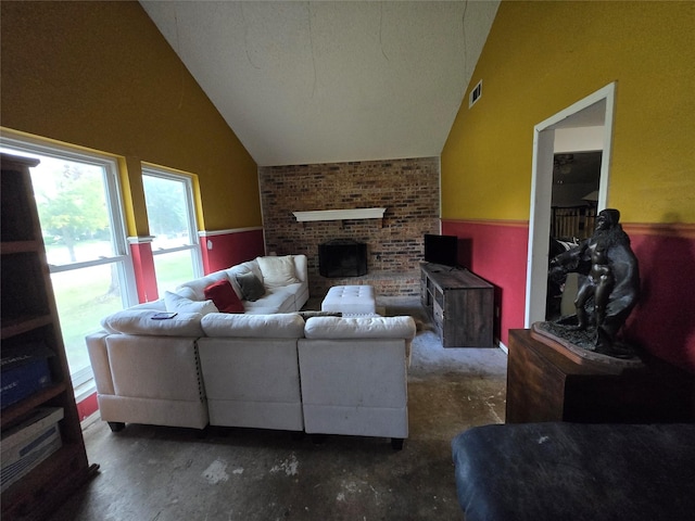 living room featuring lofted ceiling