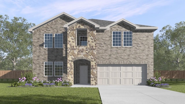 view of front of property with a front lawn and a garage